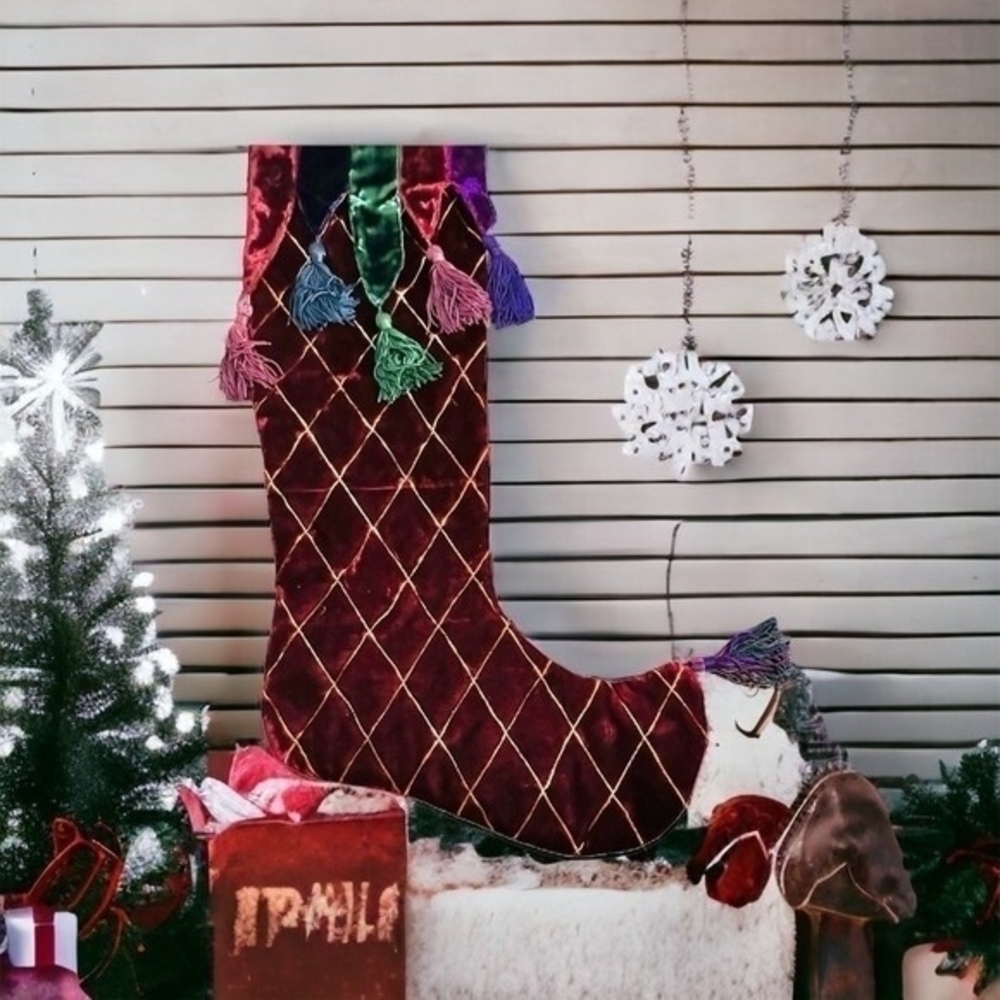 Large Christmas Stocking 42" Burgundy Red Velvet Quilted Tassels Handmade India
